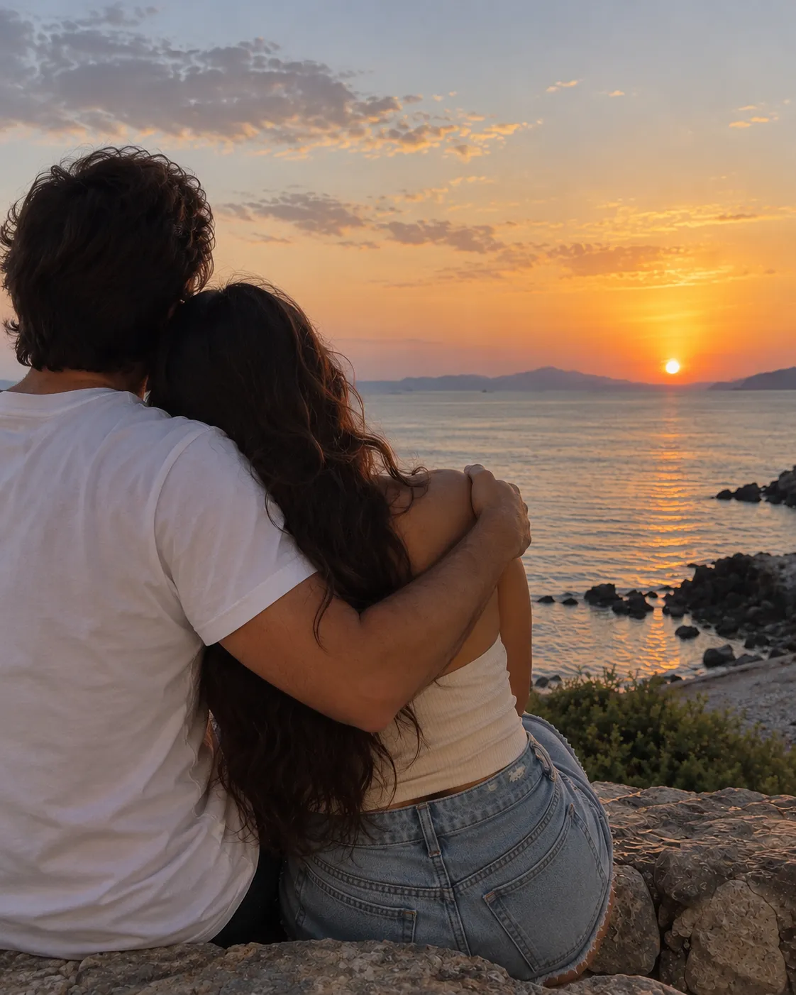 A couple seen from behind, holding each other as they watch the sunset over the sea
